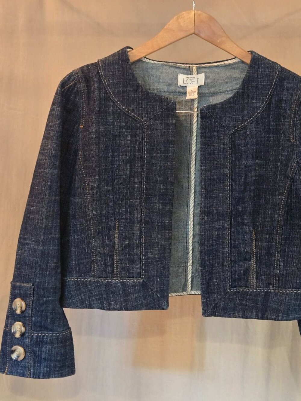 LOFT Cropped Collarless Denim Jacket Blue Jean Blazer Open Front Size 6 - Picture 1 of 15